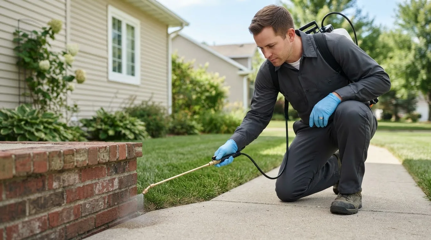 Pest control technician treating a home near Mountainburg, AR